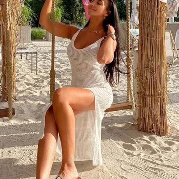 White Knit Backless Coverup for Beach, Midi Length Tie Back Leg Slit - Picture 9 of 11